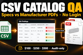 csv catalog QA specs vs manufacturer pdfs no login