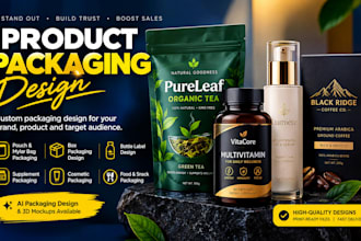 design product packaging, pouch, box and bottle label design with 3d mockup