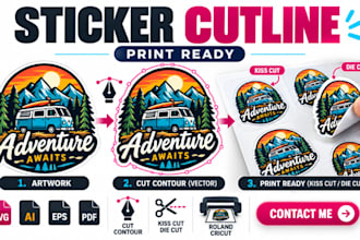 convert sticker artwork to cut contour, kiss cut vector print ready file svg ai