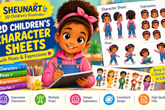 create 2d childrens book character sheets with poses and expressions