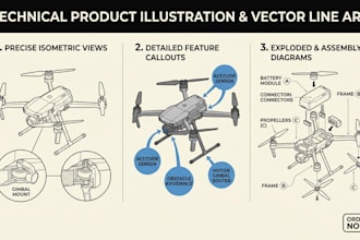 draw technical product illustration, vector line art, and visual diagram