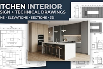 design kitchen interiors with detailed technical drawings and plans