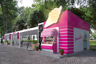 visualize 3d ice cream shop, ice cream factory,ice cream kiosk,ice cream parlor