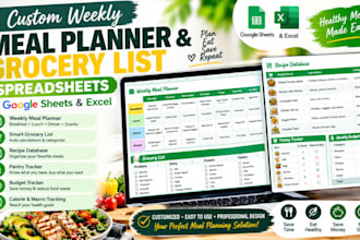 create weekly meal planner, grocery list spreadsheets in google sheets and excel