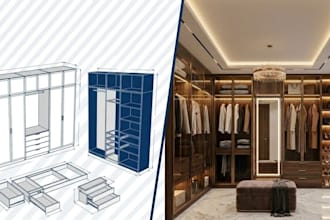 do 3d walk in closet design, 3d wardrobe modelling and rendering