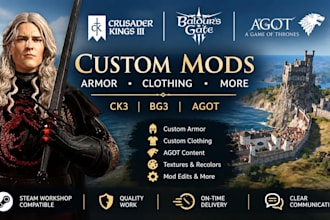 develop custom ck3 and bg3 mods, armors, clothing ,agot in steam