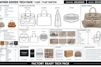 create wallet belt clutch leather goods tech pack cad flatsketch manufacturing