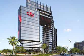 construct 3d modern strip mall, outdoor shopping center, commercial tower render