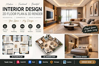 create 3d exterior elevation and interior design render