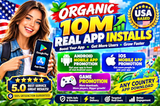 do organic mobile app promotion install, 50 USA ios android app download, rating