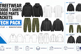 create streetwear hoodie t shirts, cargo pants , jackets clothing tech pack