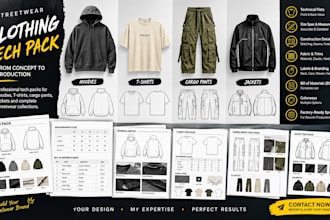 create streetwear hoodie t shirts, cargo pants , jackets clothing tech pack