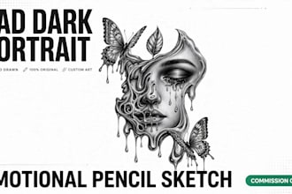 draw realistic sad dark portrait sketch, emotional pencil drawing