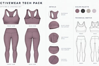do activewear tech packs for leggings sports bra gymwear technical flat sketches