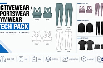 create activewear gymwear, fitness, or sportswear yoga sets, tracksuits techpack