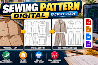 convert sewing pattern to digital garment vector, factory ready PDF dxf ai file