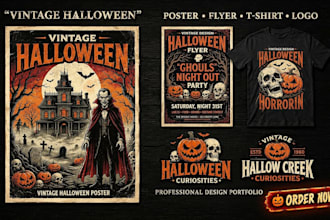 design halloween logo, vintage poster, flyer or tshirt for event, halloween