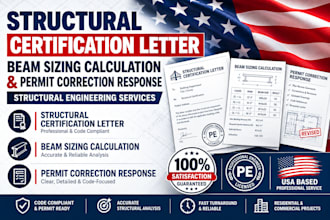 structural certification letter, beam sizing calculation, and permit correction