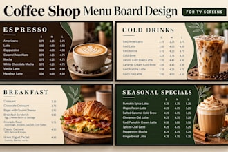 design coffee shop digital menu board for TV with drinks, sizes and add ons
