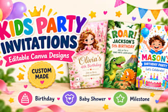 create custom kids party invitations and editable canva birthday invites