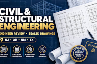 civil and structural drawing with stamp in oh, nm, texas for city permit
