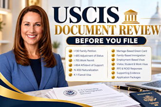 review uscis immigration forms, green card, visa, i130 and i485 documents