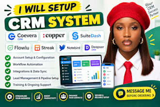setup coevera CRM, copper, suitedash, flowlu, streak, notebird, and deepser CRM