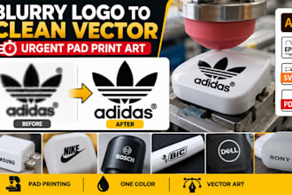 convert blurry product logo into clean one color vector for urgent pad print art