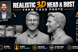 sculpt a realistic 3d head face or bust from your photo for 3d printing