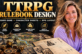 design ttrpg rulebook, board game, character sheet, rpg layout design