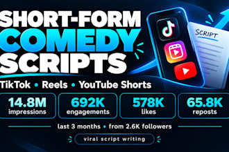 write funny short form comedy scripts for tiktok reels and youtube shorts
