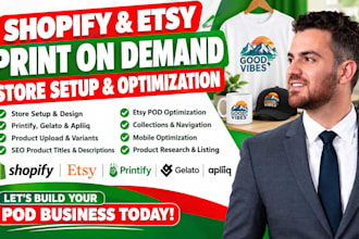 setup shopify print on demand store, etsy pod shop SEO, gelato, printify, apliiq