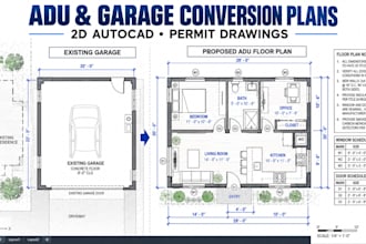 adu house plans, garage conversion, 2d autocad architecture permit drawings
