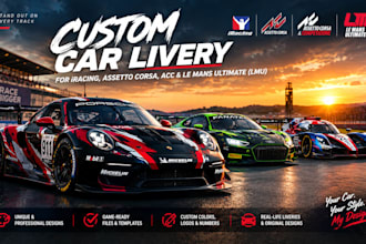 design custom car livery for iracing, assetto corsa acc, le mans ultimate, lmu