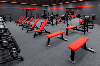 design gym interior, floor plan, equipment layout and 3d rendering