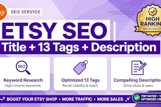 write etsy SEO title, description and 13 tags