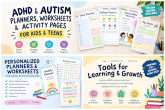 design adhd planners, autism worksheets and kids activity workbooks