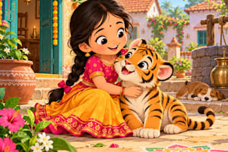 create 2d kids illustrations, cartoon characters , storybook