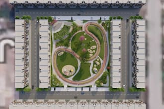 deliver 3d render for landscape masterplan, modern suburban park visualization