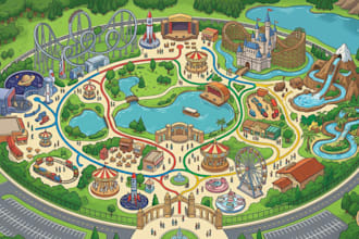 design isometric theme park map, zoo map, attraction and visitor guide map