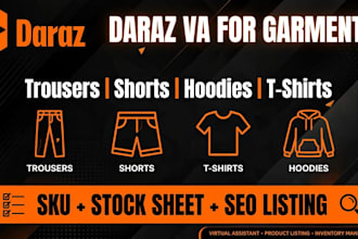 create SEO daraz product listing with sku and stock sheet for garments