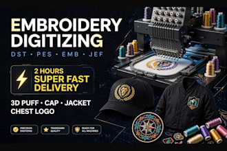 do 3d puff embroidery cap digitizing dst pes jef in 1 hour