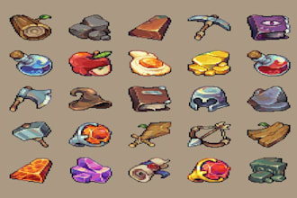 create  pixel game ui, icons, hub design rpg menu 2d retro interface, rpg ui kit