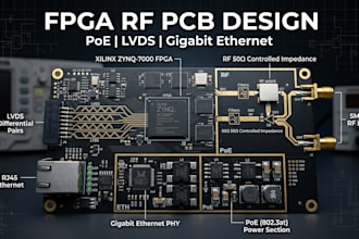 design custom fpga rf pcb design with poe, lvds routing and gigabit ethernet phy