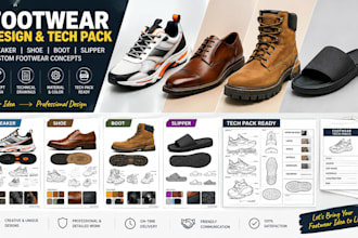 create sneaker shoe boot, slipper, or footwear concept  tech pack ready
