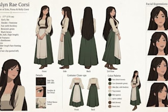 create professional 2d character concept art expression sheet and turnaround