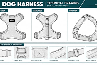 create dog harness, collar, leash and pet accessory tech packs for manufacturing