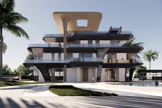 remodel 3d luxury residential estate,3d curvilinear facade,futuristic render,bim