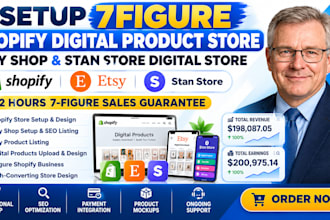 setup 7figure shopify digital product store, etsy shop, stan store digital store