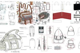 design fashion bag, tote bag, and detailed tech pack for handbags, purse